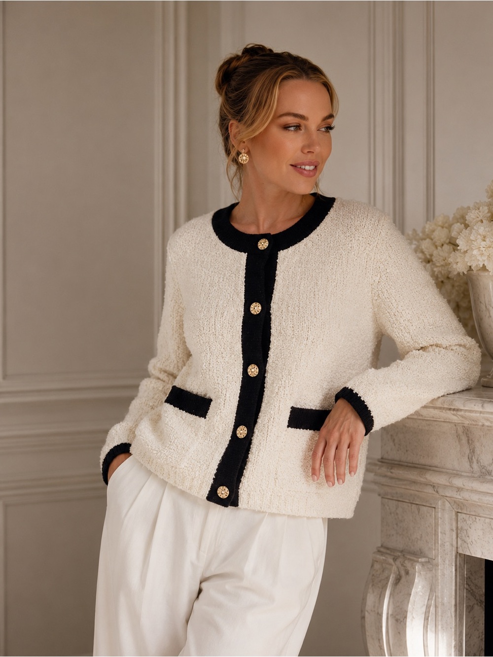 19. Easel Contrast-Trim Cream Button Front Cardigan Sweater